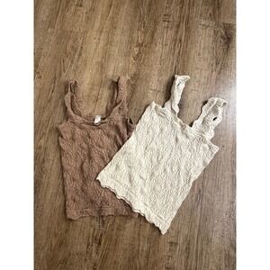 Set of 2 Popcorn Texture Crop Tops Brown Cream Sleeveless Stretch Tank Large